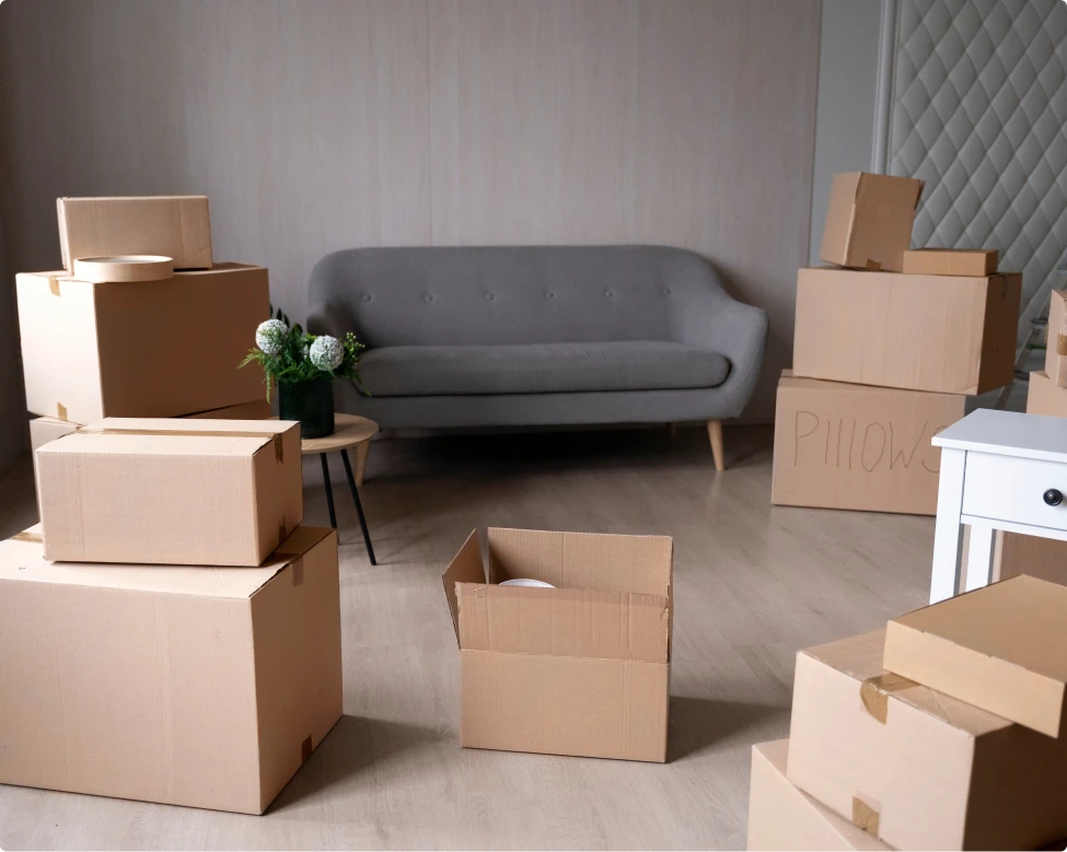 Espacio de estar en proceso de mudanza, con cajas de cartón apiladas y etiquetadas, mientras una cómoda gris y una mesa con flores decorativas añaden un toque de calma al ambiente. El suelo de madera clara y las paredes neutras crean un entorno sencillo y relajado, ideal para mostrar un proceso de transición o renovación de hogar.