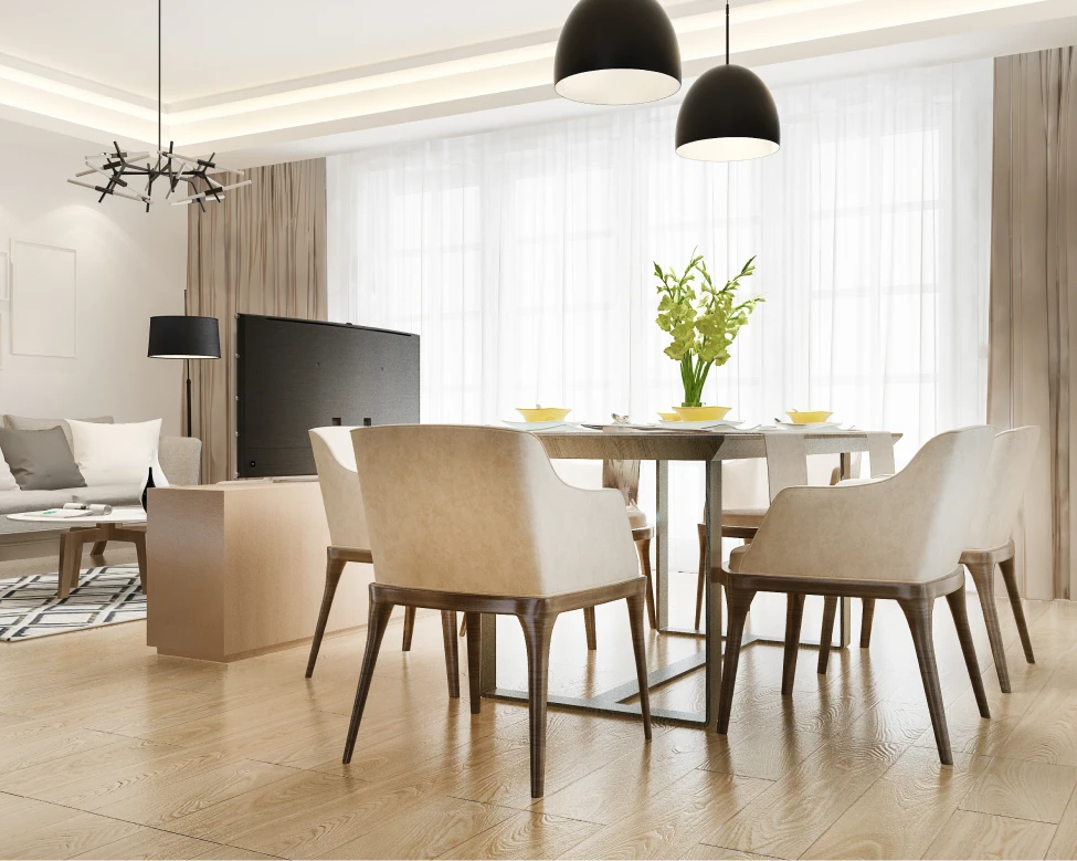 Comedor moderno y luminoso con mesa de madera y sillas de diseño elegante. La decoración minimalista resalta con una iluminación suave, creando un ambiente acogedor y contemporáneo, ideal para espacios renovados con estilo